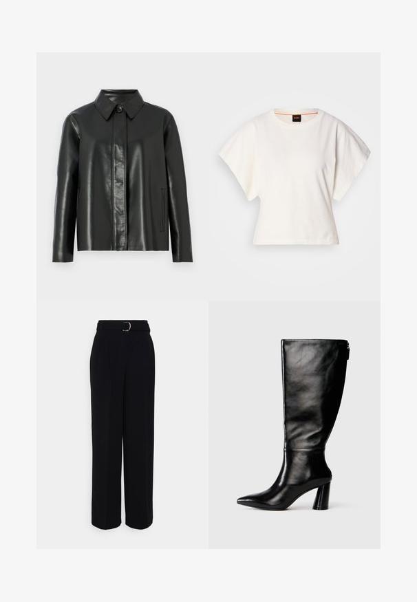 Czarna skórzana kurtka z kołnierzykiem, zapinana na guziki, z dwoma bocznymi kieszeniami. Gładka faktura z minimalnymi detalami szwów.; Biała, krótka koszulka z szerokimi rękawami, wykonana z miękkiej bawełny, okrągły dekolt z delikatnym pomarańczowym wykończeniem, minimalistyczny design, bez wzorów i grafik.; Czarne, dopasowane spodnie o szerokim kroju nogawek, z paskiem z srebrną klamrą, plisami i gładką fakturą materiału.; Czarny skórzany but do kolan z ostro zakończonym noskiem, gładką fakturą i grubym obcasem. Posiada zamek z tyłu.