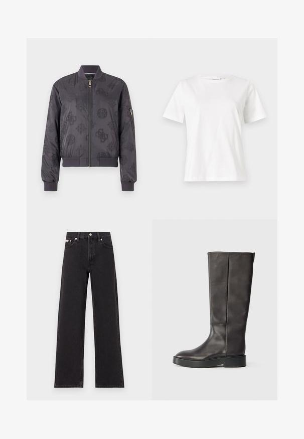 Casaco bomber cinza escuro com um padrão de logotipo subtil, punhos e colarinho canelados, fecho de correr na frente e um bolso lateral com fecho de correr.; T-shirt de algodão branco com mangas curtas, decote redondo e um corte descontraído. Textura suave, sem padrões ou detalhes, design minimalista.; Jeans de perna larga pretos feitos de denim, apresentando uma cintura alta, estilo de cinco bolsos e um fecho em botão de metal com costura contrastante.; Bota de couro preta até o joelho com sola grossa e logo discreto da Calvin Klein próximo à borda superior, vista de lado.
