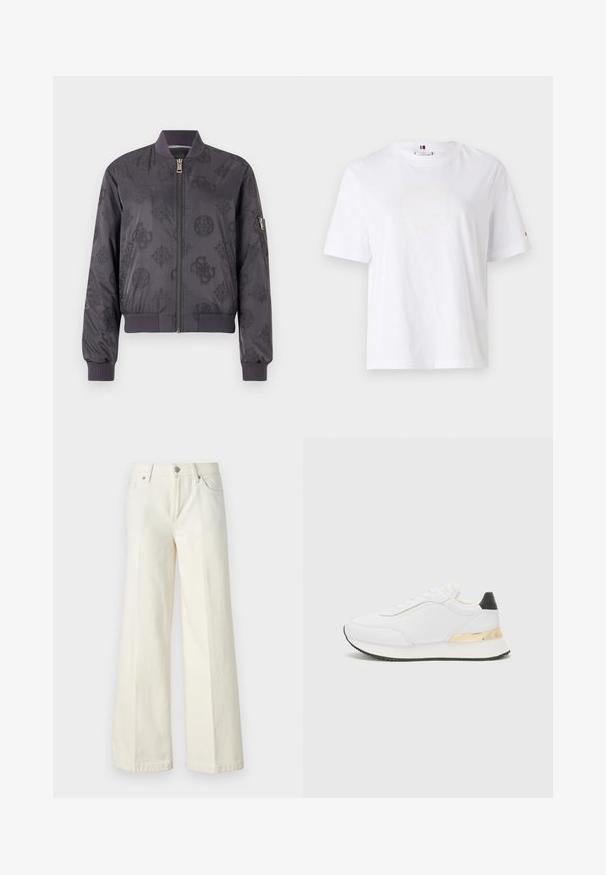 Jachetă bomber de culoare gri închis, cu un model subtil de logo, manșete și guler cu striții, fermoar frontal și un buzunar cu fermoar pe lateral.; Tricou alb din bumbac, cu guler rotund, mâneci scurte și un design subtil al logo-ului galben care spune "HILFIGER NEW YORK 1985." Croială standard.; Blugi albi evazați dintr-o țesătură din bumbac. Prezintă un fermoar la braguă, un design cu cinci buzunare și cusături de-a lungul cusăturilor.; Sneaker alb cu un finisaj neted, având un accent negru pe toc și un detaliu metalic auriu pe talpa intermediară. Design cu șireturi, talpă din cauciuc.