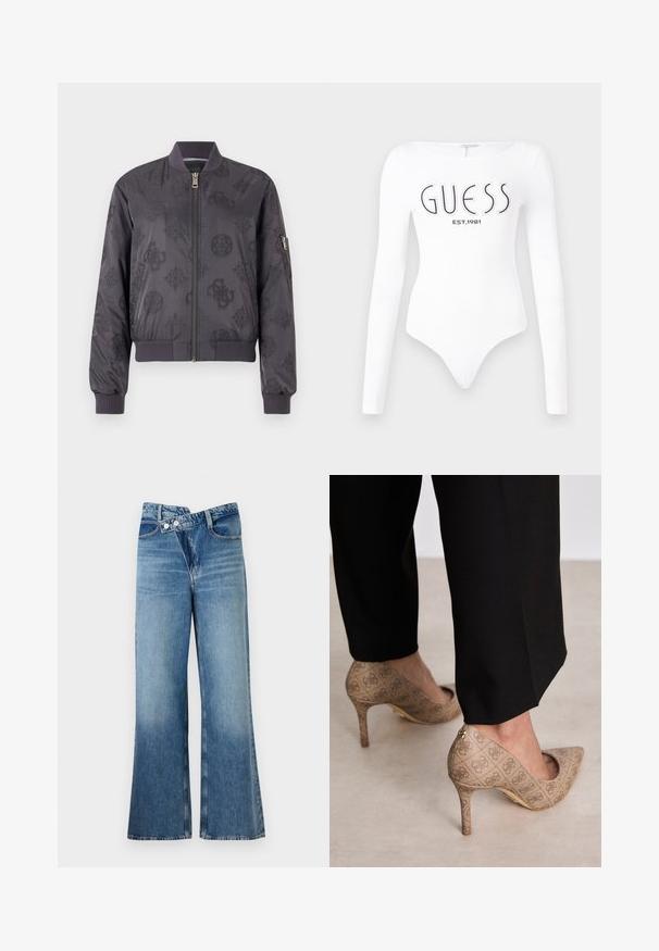 Giacca bomber grigio scuro con un motivo logo sottile, polsini e colletto a coste, zip anteriore e tasca laterale con zip.; Body bianco a maniche lunghe con scollatura rotonda. Presenta il logo "GUESS" e "EST.1981" stampati in nero sul davanti. Texture liscia.; Jeans a zampa d'elefante in denim blu chiaro con vita alta, dotati di due bottoni e tasche frontali. Il tessuto ha una texture sbiadita con variazioni sottili.; Scarpe con tacco alto beige in tessuto testurizzato con un motivo ripetuto. Design con punta appuntita e dettaglio dorato sul tacco.