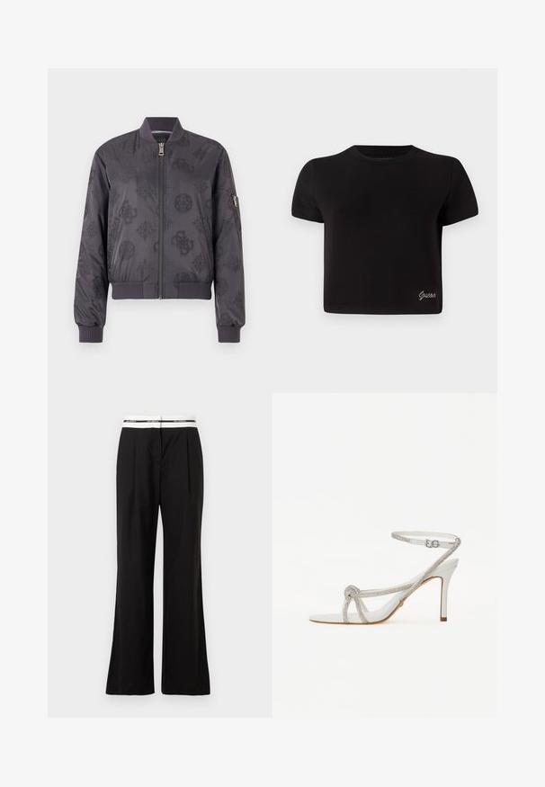 Tamno sivi bomber s kapuljačom s suptilnim uzorkom logotipa, rebrastim manžetama i ovratnikom, prednjim zatvaračem i bočnom džepom sa zatvaračem.; Crna majica kratkih rukava od pamuka. Ima okrugli izrez i mali srebrni "Guess" logo na donjoj lijevoj strani.; Crne hlače opuštenog kroja, s bijelim elastičnim pojasom s logotipom. Izrađene su od glatkog materijala s laganim sjajem.; Bijela sandala s visokom petom i teksturiranim remenom ukrašenim rhinestones, otvorenog prsta, s remenom oko gležnja i podesivom kopčom.