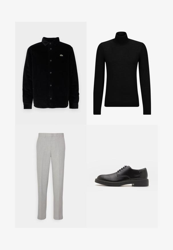 Lacoste Jachetă subțire - black; Pulover negru cu guler înalt, realizat dintr-un material moale, cu mâneci lungi și o croială ajustată. Tiv și mansete cu margine ondulată. Design simplu.; Pantaloni gri deschis cu o textură netedă, față plată și picioare drepte. Realizați dintr-o țesătură respirabilă, cu buzunare interioare și brâie.; Pantofii din piele neagră, cu șireturi, au vârful rotunjit, o textură netedă, cusături minime și un toc de cauciuc scăzut. Logo pe toc.