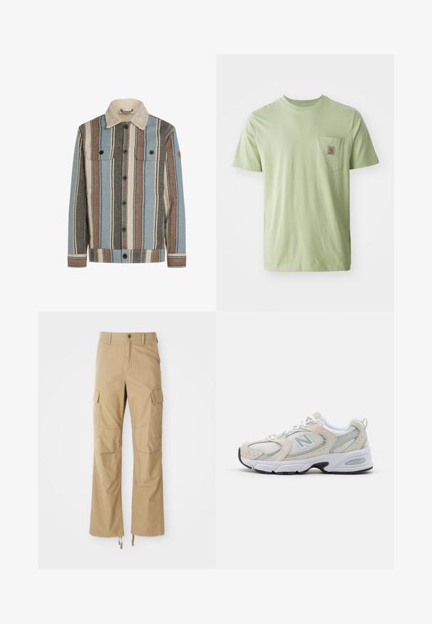 Pogu jaka ar vertikālām svītrām zilā, brūnā, krēmkrāsas un pelēkā krāsā, kurai ir krēmkrāsas šerpa apkakle un divi krūšu kabatiņas ar flap.; Gaiši zaļš īsās piedurknes T-krekls izgatavots no mīksta auduma, ar krūšu kabatu un kvadrātveida logo uzlīmi. Vienkāršs, nenogrozīts dizains.; Khaki kravu bikses, kas izgatavotas no izturīgas auduma, ar vairākiem sānu kabatām, taisnu kāju dizainu un regulējamiem saites apakšmalā.; Sporta apavi ar gaiši pelēku sietu augšējo daļu un zamša akcents, baltiem šņorēm un melnu gumijas zoli. Ievērojamas ABZORB amortizācijas detaļas.