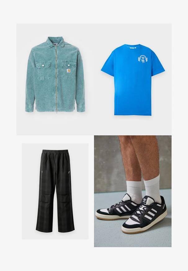 Carhartt WIP REYNOLD - Poletna jakna - silver pine dusky washed; Modra bombažna majica s kratkimi rokavi. Ima bel grafični dizajn na sprednji strani, ki prikazuje lik s slušalkami in lokom.; Črne karirane hlače z elastičnim pasom, dvema sprednjima žepoma in ohlapnim krojem s pravimi nogavicami. Narejene so iz lahke tkanine.; Črno-bele superge z zgornjim delom iz usnja in nubuka, ki imajo tri bele črte, perforiran vrh prstov in podplat iz gume.