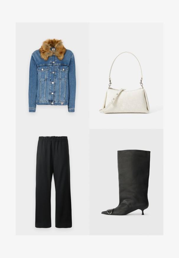 Jasnoniebieska kurtka jeansowa z brązowym sztucznym futrem przy kołnierzu, z zapięciem na guziki, dwoma kieszeniami na piersi i pomarańczowymi akcentami przeszyciami.; Biała bluzka z długim rękawem, wykonana z prążkowanej tkaniny, z okrągłym dekoltem i dopasowanym krojem. Brak wzorów lub akcentów.; Czarne spodnie o szerokim kroju, z elastycznym pasem i sznurkiem do regulacji, wykonane z gładkiego, lekkiego materiału. Posiadają boczne kieszenie.; Czarne skórzane botki za kostkę z szpiczastym noskiem, małym obcasem i metalicznym akcentem na nosku. Gładka, matowa faktura na całej powierzchni.; Biała torebka o gładkiej fakturze, wygiętej sylwetce i regulowanym pasku na ramię. Posiada subtelny wzór logo oraz srebrne akcenty.