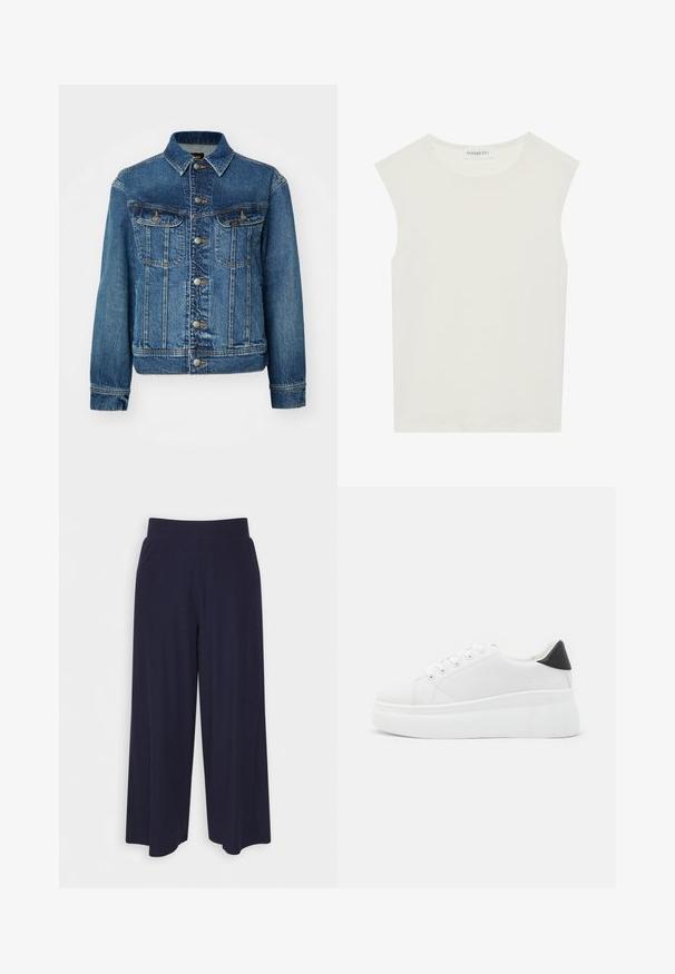 Denimtakki keskisinisessä. Varustettu nappikiinnityksellä edessä, kahdella rintataskulla ja vaaleilla ompeluyksityiskohdilla. Klassinen kaulus ja pitkät hihat.; Valkoinen hihaton paita, jossa on pyöreä kaula-aukko. Valmistettu sileästä kankaasta, siinä on rento istuvuus ja minimalistinen muotoilu. Ei kuvioita tai koristeita.; Leve-leggings leve em tecido azul marinho escuro com textura ribbed. Apresenta uma cintura suave e uma silhueta fluida, alcançando o comprimento até a metade da panturrilha.; Valkoiset alustasneakerit, jotka on valmistettu sileästä synteettisestä materiaalista. Niissä on pyöreä kärki, nauhakiinnitys ja teksturoitu kumipohja. Musta kantakorko korostaa ilmettä.