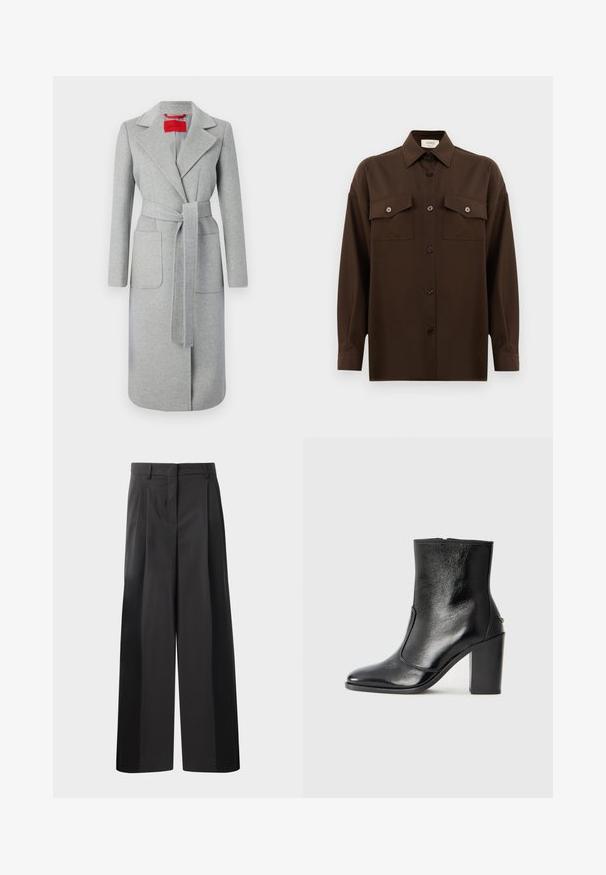 MAX&Co. RUNAWAY - Klasszikus kabát - grey; Sötétbarna, hosszú ujjú, gombos ing, két zsebével a mellén és klasszikus gallérral, egyszerű fehér háttér előtt bemutatva.; Fekete, bő szárú nadrág magas derékkal, elöl plissékkel, sima felülettel és igényes kidolgozással. Kényelmes viseletre tervezve.; Fekete bőr bokacipő sima textúrával, hegyes orral és vastag, magas sarkával. Oldalnyílással és minimalista dizájnnal rendelkezik.