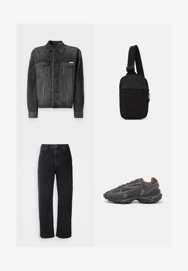 Giacca in denim nero con chiusura a bottoni, tasche sul petto e colletto. Presenta una texture sbiadita e maniche a contrasto. Etichetta sul petto.; Giacca marrone con zip caratterizzata da un motivo geometrico, strisce laterali blu navy, colletto alto e un piccolo logo verde sul petto.; Due magliette di cotone nere con maniche corte e scollo rotondo. Entrambe presentano un'etichetta rossa del marchio sul collo. Design semplice e classico.; Jeans in denim nero con taglio dritto, cinque tasche e cuciture a contrasto. Presentano una chiusura con bottone e passanti per cintura sulla vita.; Sneaker Lacoste grigie scure in materiale mesh e sintetico, con suola testurizzata e dettagli marroni sul colletto e sul branding.; Borsa a tracolla nera realizzata in tessuto resistente, con una singola tracolla regolabile, un compartimento principale con zip e una tasca frontale.