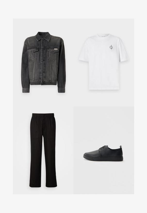 Μαύρο τζάκετ από τζιν με κουμπιά μπροστά, τσέπες στο στήθος και γιακά. Διαθέτει φθαρμένη υφή και αντίθετες μανίκες. Ετικέτα στο στήθος.; Λευκό βαμβακερό t-shirt με άνετη εφαρμογή, που διαθέτει ένα μικρό μαύρο γραφικό λογότυπο στην αριστερή πλευρά του στήθους. Βραχίονες κοντοί, στρογγυλή λαιμόκοψη.; Μαύρο παντελόνι με χαλαρή εφαρμογή, κατασκευασμένο από ελαφρύ ύφασμα. Διαθέτει ελαστική μέση, κούμπωμα με κουμπί και δύο μπροστινές τσέπες.; Μαύρο δερμάτινο αθλητικό παπούτσι με λεία επιφάνεια, στρογγυλή μύτη, τονικό ράψιμο, κορδόνια μπροστά και επίπεδη καουτσούκ σόλα. Βρόχος στην πτέρνα.