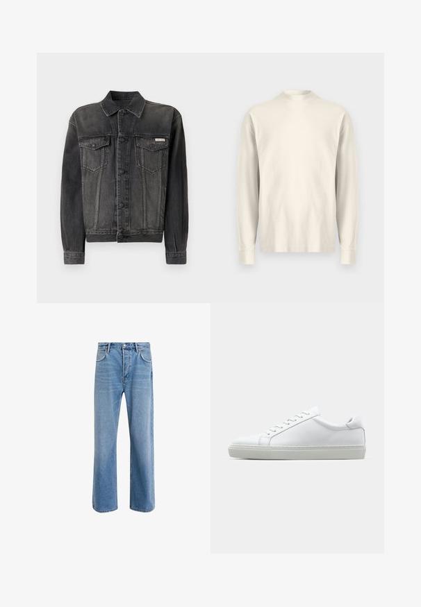Jachetă din denim negru cu închidere prin nasturi, buzunare pe piept și guler. Prezintă o textură ușor decolorată și mâneci contrastante. Etichetă pe piept.; Cămașă cu mâneci lungi și guler înalt din bumbac crem deschis. Textură netedă, croială lejeră, design minimalist, fără modele sau accente vizibile.; Jeans din denim bleu deschis cu un design drept, cinci buzunare, închidere cu buton, decolorare minimă și detalii de cusătură în contrast.; Adidași albi cu o suprafață din piele netedă și un profil jos. Au un vârf rotunjit, șase orificii pentru șireturi și o talpă din cauciuc texturată.
