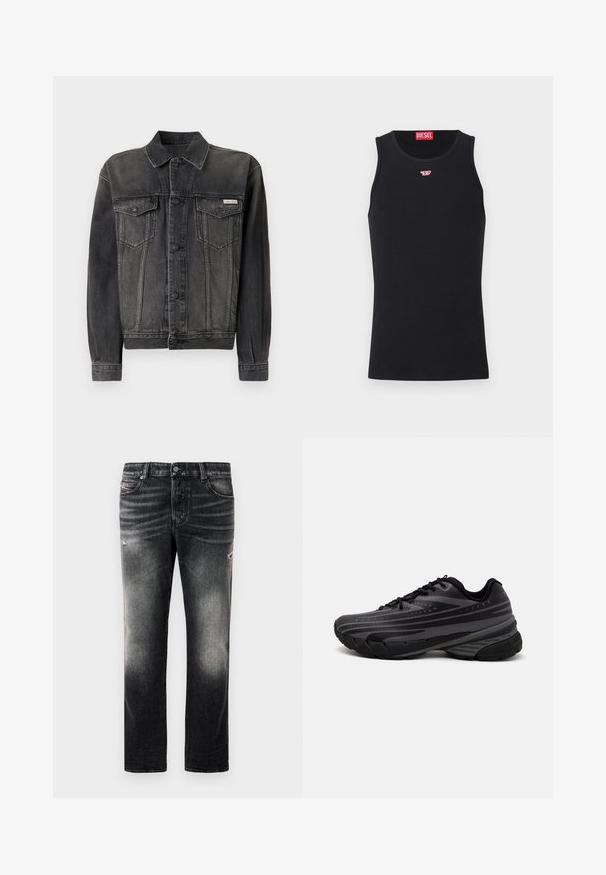 Čierna denimová bunda s gombíkovým zapínaním, náprsními vreckami a golierom. Má vyblednutú textúru a kontrastné rukávy. Nálepka na hrudi.; Čierny top bez rukávov vyrobený z hladkej látky, s okrúhlym výstrihom, otvorenými ramennými a malým červeným logom na hrudníku. Jednoduchý dizajn.; Čierne džínsy s vyblednutým povrchom a poškodenými detailmi, štandardný dizajn s piatimi vreckami a zapínaním na zips. Vyrobené z denimovej látky.; Čierna bežecká obuv s textúrovaným zvrškom, ktorý má šedé pruhy. Hrubá podrážka pre odpruženie, okrúly špička a ploché šnúrky na bezpečné uchytenie.