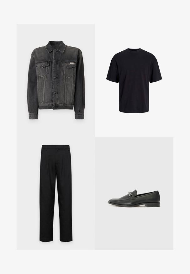 Černá džínová bunda s knoflíkovým zapínáním, náprsními kapsami a límečkem. Má vybledlý vzhled a kontrastní rukávy. Štítek na hrudi.; Černé bavlněné tričko s kulatým výstřihem, krátkými rukávy a volným střihem. Hladká textura a žádné viditelné vzory ani akcenty.; Černé kalhoty vyrobené z hladké látky, s rovnou nohavicí, dvěma předními sklady a standardním pasem se poutky na opasek.; Černé kožené mokasíny s hladkým povrchem, s prošívaným designem a dekoračním kovovým řetízkem přes nárt. Plochý podpatek.