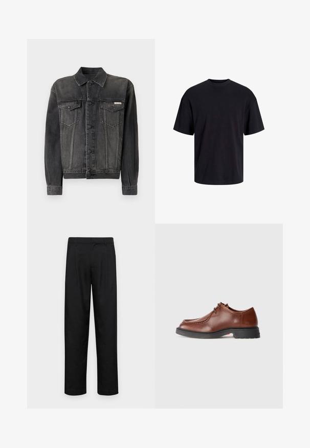 Juodas džinsinis švarkas su mygtukų uždarymu, krūtinės kišenėmis ir apykakle. Pasižymi išblukusia tekstūra ir kontrastingomis rankovėmis. Etiketė ant krūtinės.; Juodas medvilninis marškinėlis su apvaliu iškirpimu, trumpomis rankovėmis ir laisvu siluetu. Glotni tekstūra, be matomų raštų ar akcentų.; Juodi kelnių modeliai, pagaminti iš lygios medžiagos, turi tiesią kojas, du priekiniai klostės ir standartinę juosmenį su diržo kilpomis.; Rudos oda elegantiški batai su apvaliu pirštu, kontrastinga siūlės, su raišteliais ir tekstūruotu juodu guminiais padu.