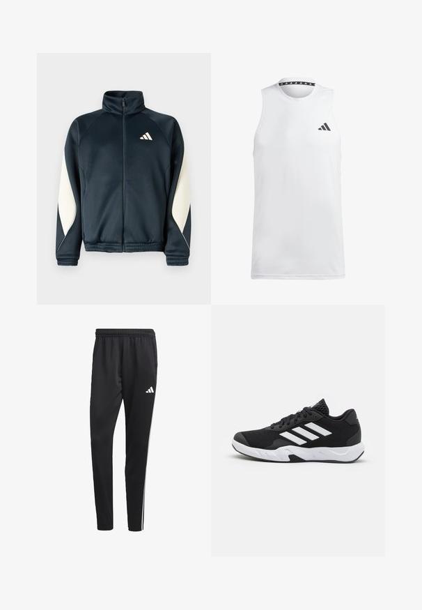 Marinblå joggingjacka med hög krage och dragkedja fram. Har vita sidoflikar och Adidas-logotypen på övre vänstra sidan. Mjuk och slät material.; Vit ärmlös atletisk tanktopp gjort av slät tyg. Har en svart logotyp på vänster bröst och en mönstrad svart halsringning.; Svarta träningsbyxor med elastisk midja, vita sidostreck och en liten vit logotyp på låret. Tillverkade av ett slätt, lätt material.; Svarta sportskor med ett texturerat nätövre, vita accentlinjer, en dämpad sula och en förstärkt häl för stöd.