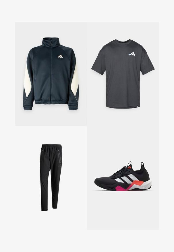 Jūrininkų sportinė striukė su aukštu apykaklės ir užtrauktuku priekyje. Yra baltos šoninės juostos ir Adidas logotipas kairiajame viršutiniame kampe. Minkšta, lygi medžiaga.; Tamsiai pilka trumpomis rankovėmis marškinėliai su mažu baltu ir šviesiai mėlynu logotipu kairėje krūtinės pusėje ir maža etikete arti apatinio krašto.; Juodi sportiniai šortai su elastiniu juosmeniu, dviem užtrauktukais šoniniais kišenėmis, siaurėjančiomis kojomis ir subtiliu logotipo detaliu ant klubo.; Juodos sportinės bateliai su baltais dryžiais, tekstūruota viršutinė dalis ir masyvus padas su oranžinėmis, rožinėmis ir baltomis detalėmis. Su raišteliais ir su traukimo juostele.
