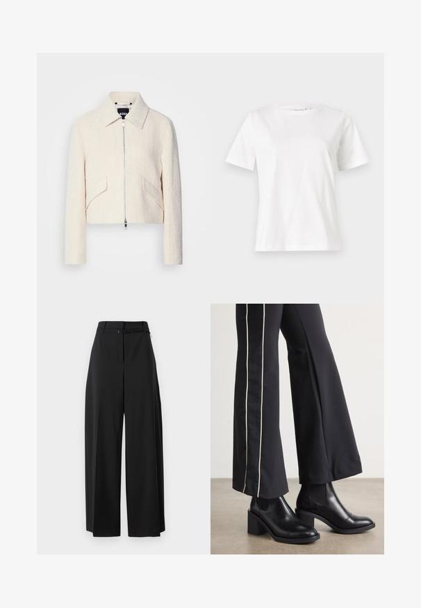 Chaqueta corta en tejido texturizado color blanco roto, con cuello alzado y bolsillos laterales, que cuenta con un cierre de cremallera frontal y un hardware minimalista.; Camiseta de algodón blanca de manga corta, con cuello redondo y un corte relajado. Textura suave, sin patrones ni acentos, diseño minimalista.; Pantalones de pierna ancha negros con cintura alta y cinturón. Presentan una textura suave y líneas limpias, diseñados para un ajuste relajado.; Botines de cuero negro con tacón cuadrado, con paneles laterales elásticos. Combinados con pantalones negros que tienen una franja blanca lateral.