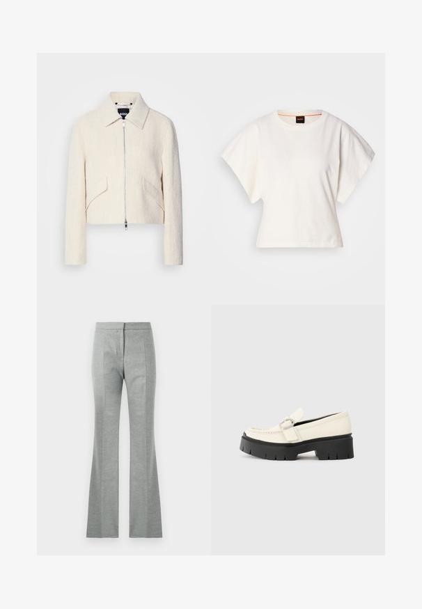 Kratka jakna iz teksturiranega off-white blaga, z naramnicami in stranskimi žepi, sprednjim zadrgo in minimalnimi dodatki.; Bela skrajšana majica s kratkimi širokimi rokavi, mehka bombažna tkanina, okrogla ovratnica z diskretnim oranžnim robom, minimalističen dizajn, brez vzorcev ali grafike.; Sive flared hlače z navpičnimi šivi, narejene iz mehkega, teksturiranega materiala. Imajo oprijet pas in gladek zaključek.; Bela usnjena loafer čevlja z debelim črnim podplatom, ki ima pravokotno srebrno zaponko in vidne šive na zgornjem delu.