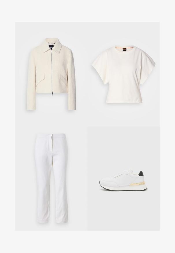 Rezana jakna od off-white teksturiranog materijala, s okovratnikom i bočnim džepovima, prednjim zatvaračem i minimalnim hardverom.; Bijeli skraćeni T-shirt, široke kratke rukave, mekani pamučni materijal, okrugli izrez s suptilnim narančastim detaljem, minimalistički dizajn, bez uzoraka ili grafika.; Bijele pamučne hlače ravnog kroja, sa strukom srednje visine i bez vidljivih metalnih dijelova ili uzoraka. Glatka tekstura kroz cijelu dužinu.; Bijele tenisice s glatkom obradom, koje imaju crni akcent na peti i zlatni metalni detalj na srednjem dijelu. Dizajn sa vezicama, gumeni potplat.