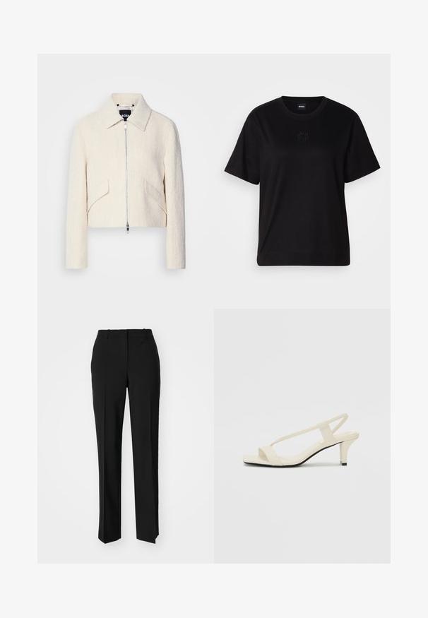 Kratka jakna iz teksturiranega off-white blaga, z naramnicami in stranskimi žepi, sprednjim zadrgo in minimalnimi dodatki.; Črna bombažna majica s krožnim izrezom, kratkimi rokavi in izvezenim logotipom na prsih. Preprosta, sproščena silhueta brez vzorcev.; Črne krojene hlače s direktnim krojem, ki se ponašajo z gladko teksturo in ostrimi pregibi spredaj. Ni vidne kovine.; Bež sandale z blok peto, tankimi trakovi in kvadratnim prstom. Gladek material z minimalnim okrasjem, zasnovan za enostavno nošenje.