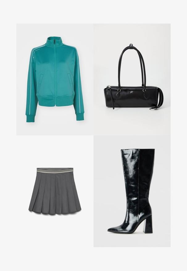 Žalia zip-up striukė su aukštu apykakle, dviem šoninėmis kišenėmis, baltais šonų dryžiais ir banguotais rankogaliais. Pagaminta iš lygaus, tekstūruoto audinio.; Juostuota flanelinė marškinė juodos, baltos ir pilkos spalvų. Yra mygtukų užsegimas priekyje, dvi krūtinės kišenės ir ilgomis rankovėmis su mygtukais.; Tamsiai pilka klostuota sijonas su dryžuota elastine juosta šviesiomis ir tamsiomis spalvomis, išklotas ant baltos fono.; Juodos aukštos iki kelių batai iš blizgaus odos, su spiginiu nosimi ir storu geometriniu kulnu su lygiu tekstūru.; Juodas odinis rankinės krepšys stačiakampio formos, lygus paviršius, su dviem rankenomis, užtrauktuko uždarymas ir mažas logotipas ant priekio.