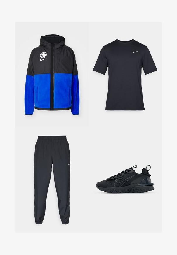 Sort og blå hættejakke lavet af kontrasterende materialer; har en fleece-nederste del, lynlås foran og logoer på brystet.; Sort kortærmet Nike t-shirt lavet af glat stof, med et hvidt swoosh-logo på øverste venstre side, rund halsudskæring.; Sorte træningsbukser lavet af letvægtsstof med elastisk talje, ankelsyninger og et diskret Nike-logo på venstre side.; Sort atletisk sko med en åndbar mesh-overdel, teksturerede detaljer og en bølget gummisål. Har reflekterende logo og snørresystem.