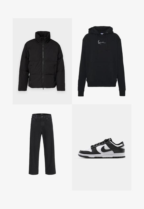 Juodas pūkinis švarkas su aukštu apykakle, užtrauktuku ir horizontaliai siuvinėtu raštu. Pagamintas iš lengvos, vandeniui atsparios medžiagos.; Juodas gobtuvas, pagamintas iš minkštos medžiagos, su priekinėmis kišenėmis, raišteliais ir balta logotipo siuvinėjimu ant krūtinės. Klasikinis fasonas ir raštuoti rankogaliai.; Juodos tiesios kojų džinsinės kelnės su mygtuku ir užtrauktuku, diržo kilpos, taip pat priekinės ir galinės kišenės.; Juoda ir balta Nike Dunk sportbačiai, turintys odinį viršutinį sluoksnį, perforuotą nykštyje, juodas raišteles ir juodą guminį pado su reljefu.