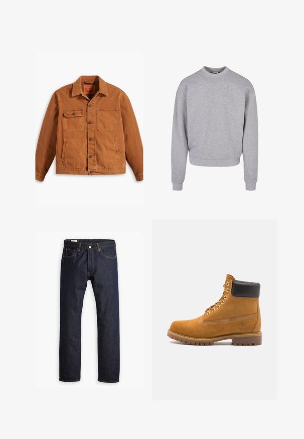 Levi's® Workwear - Kurtka jeansowa; Szary sweatshirt z okrągłym dekoltem, długimi rękawami i ściągaczami przy mankietach. Wykonany z miękkiego, teksturowanego materiału, charakteryzujący się luźnym krojem.; Ciemnoniebieskie dżinsy o prostym kroju, z pomarańczowymi przeszyciami i pięcioma kieszeniami, zapinane na metalowy guzik.; Beżowe zamszowe botki sięgające kostki z czarną wyściełaną krawędzią, złotymi oczkami, białymi detalami szycia oraz wytrzymałą gumową podeszwą z wyraźnym bieżnikiem.