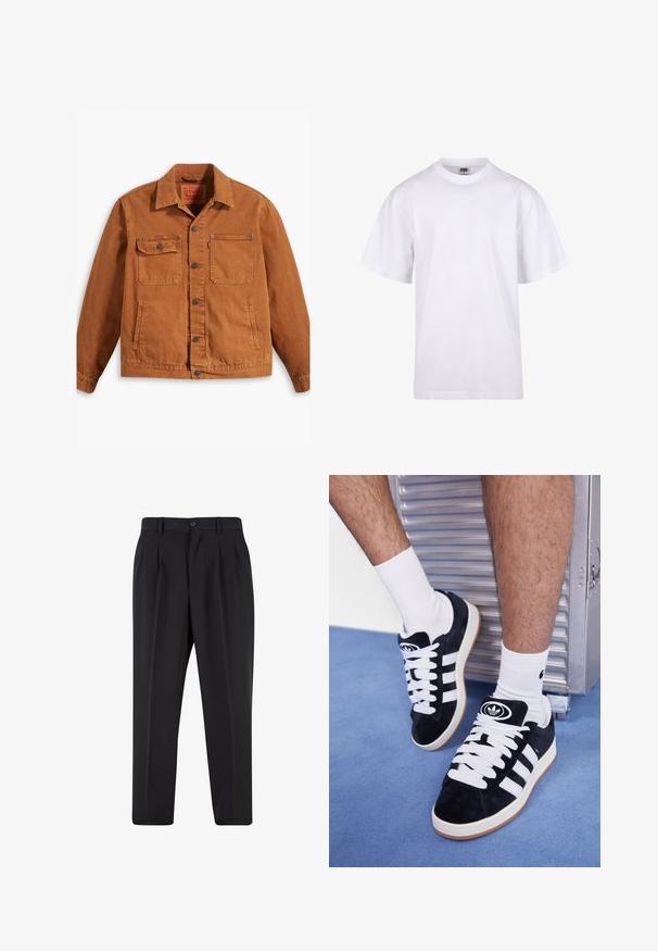 Levi's® Workwear SUNRISE TRUCKER - Jeansjakke - dark ginger; Hvit bomulls t-skjorte med rund hals, korte ermer og avslappet passform. Har et ensfarget design uten mønstre eller detaljer.; Sorte bukser med plisseret frontdesign, lavet af glat stof. Har knaplukning og bæltesløjfer; rett-bukser.; Sorte semskede sneakers med hvite lisser og tre hvite striper. Har en sirkulær svart logo på tungen og en såle av gummigummi.