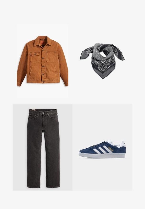 Levi's® Workwear SUNRISE TRUCKER - Traper jakna - dark ginger; Bijela pamučna majica s okruglim izrezom, kratkim rukavima i opuštenim krojem. Ima jednostavan dizajn bez uzoraka ili akcenta.; Crne traperice s ravnim nogavicama, pet džepova i metalnim akcentima. Tkanina ima laganu teksturu i jednobojni završetak.; Mornarske suknje od antilopa s bijelim kožnim detaljima, tri bijele pruge i zlatni "Gazelle" logo. Okrugla gumena potplata, niska dizajn.; Crno-bijeli šal s uzorkom koji sadrži paisley i geometrijske dizajne, izrađen od lagane, prozračne tkanine s oštrim krajevima.