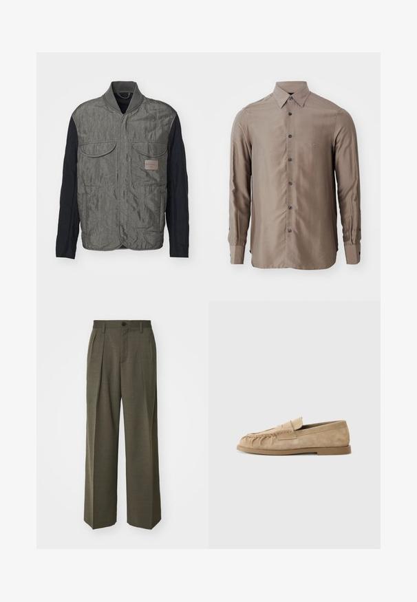 Grietas siuvinėta liemenė su juodomis rankovėmis, dviem krūtinės kišenėmis, petnešomis ir logotipo etikete kairėje pusėje. Sklandus, tekstūruotas audinys.; Ilgų rankovių marškiniai taupe spalvos, pagaminti iš lygaus audinio, su mygtukų užsegimu priekyje ir tamsiais mygtukais, su maža logotipo etikete ant krūtinės.; Filippa K WIDE TROUSERS - Kelnės - driftwood; Bežiniai suede slip-on loaferi su surinkta dizainu, turintys plokščią padas ir dekoratyvinę juostelę per vampą. Lygi tekstūra.