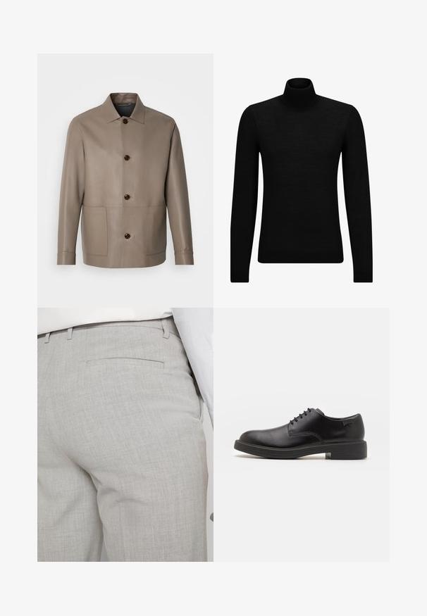 BOSS MARKIN - Leren jas - open green; Zwarte coltrui van zacht materiaal, met lange mouwen en een snug fit. Geribbelde afwerking aan de onderkant en mouwen. Eenvoudig ontwerp.; Lichtgrijze, op maat gemaakte broek van gestructureerde stof, met een enkele achterzak en nette stiksels.; Zwarte leren veterschoen met een ronde neus, een gladde textuur, minimale stiksels en een lage rubberen hak. Logo op de hak.