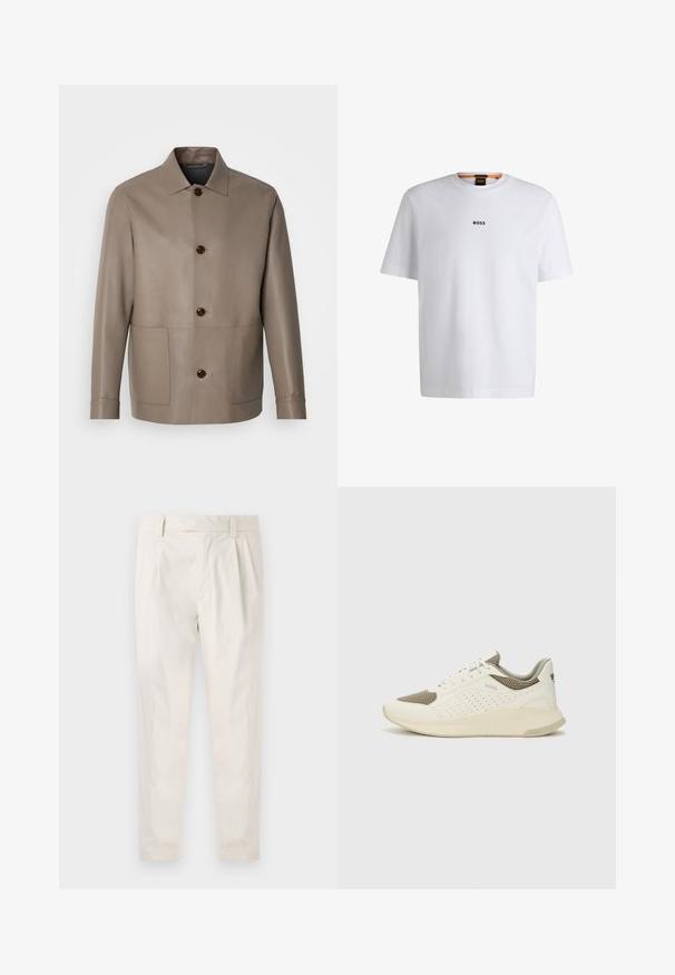 BOSS MARKIN - Jachetă piele - open green; Tricou alb din bumbac cu mâneci scurte, având un logo negru "BOSS" centrat pe piept și un guler rotund.; Pantaloni albi plisati, cu o croială ajustată, având o textură netedă, bucle pentru curea și picioare conice. Fără buzunare vizibile sau modele.; Tenis sportivi alb și bej deschis, cu un înveliș din plasă, detalii perforate și o talpă intermediară texturată, având marcaj pe călcâi.