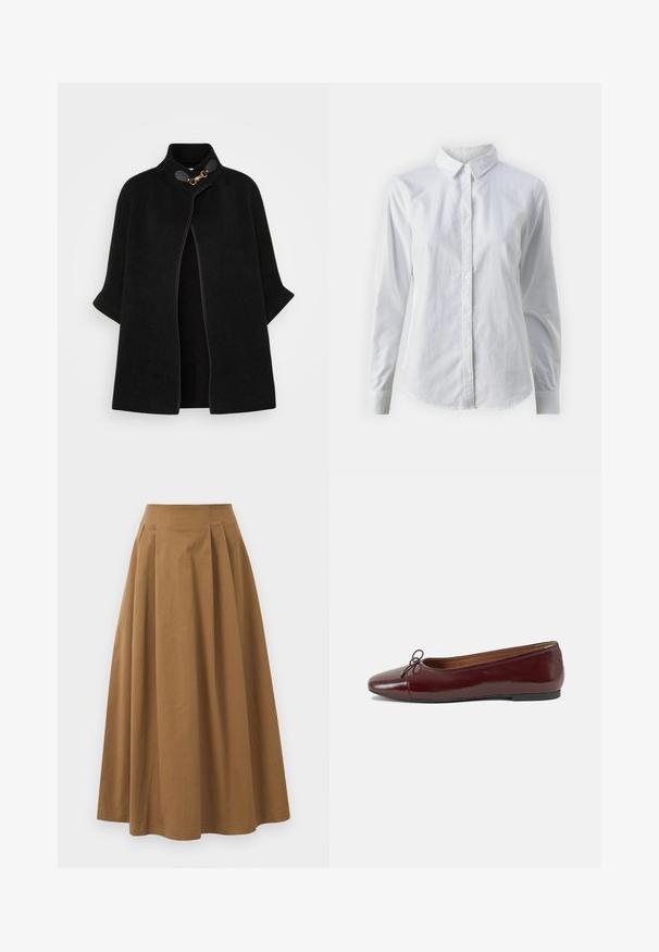 VILA VICEMRE - Viitta - black; Valkoinen napitettava paita, joka on valmistettu sileästä puuvillasta. Paidassa on klassinen kaulus, pitkät hihat ja kaareva helma. Nappien koko on pieni ja ne ovat valkoiset.; Ruskea puuvillainen A-linjainen hame korkealla vyötäröllä, jossa on laskokset edessä ja sileä pinta. Helma on viimeistelty siististi ja yksinkertaisesti.; Burgundin värinen lakattu nahkainen ballerinatossu pyöreällä varvaskärjellä, pienen nauhan yksityiskohdalla edessä ja matalalla mustalla kumipohjalla. Sujuva pinta.