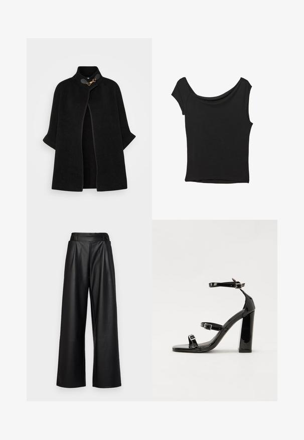 VILA VICEMRE czarny; Czarna bluzka z krótkim rękawem, wykonana z gładkiego materiału; posiada dekolt w stylu drapowanym oraz asymetryczny dół, z dopasowanym krojem.; Czarne, szerokie spodnie wykonane ze skóry, z wysokim stanem, fałdami oraz dwoma okrągłymi guzikami z przodu do zapięcia.; Czarne lakierowane sandały na obcasie z kwadratowym noskiem, z paskami wokół kostki i srebrnymi klamrami. Posiadają masywny słupek dla stabilności.