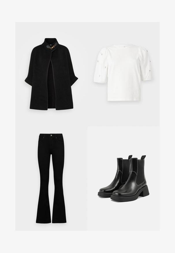 VILA VICEMRE - Keep - black; Valge puuvillane T-särk lühikeste puffkäistega, millel on väikesed hõbedased kaunistused käiste servades. Klassikaline ümmargune kaelus, vaba ja mugav lõige.; Mustad kõrge vöökohtadega teksad, millel on nööp ja lukuga sulgemine, esikäe taskud ja laienevad sääred, asetatud tasasele valgele taustale.; Must musta Chelsea saapad, millel on paks konts, elastsed külgpaneelid ja kontrastne valge õmblus. Tekstuuriga viimistlus.