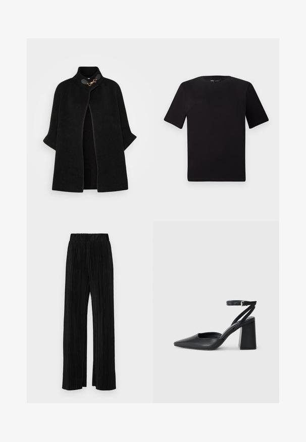 VILA VICEMRE - Keep - black; Must olema lühikeste varrukatega must t-särk ümmarguse kaelusega, valmistatud pehmest puuvillast kangast. Lihtne disain, ilma nähtavate logode või mustriteta.; Mustad pleekitud püksid elastse vöökohtaga. Omavad laiad jalad ja sujuvat, tekstureeritud kangast vertikaalsete triipudega.; Mustmustest must-käigukingad, millel on konksuga nöör ja paks konts. Ühtlane tekstuur, stiilne disain ja minimalistlik esteetika.