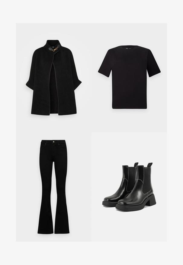 VILA VICEMRE - Keep - black; Must olema lühikeste varrukatega must t-särk ümmarguse kaelusega, valmistatud pehmest puuvillast kangast. Lihtne disain, ilma nähtavate logode või mustriteta.; Mustad kõrge vöökohtadega teksad, millel on nööp ja lukuga sulgemine, esikäe taskud ja laienevad sääred, asetatud tasasele valgele taustale.; Must musta Chelsea saapad, millel on paks konts, elastsed külgpaneelid ja kontrastne valge õmblus. Tekstuuriga viimistlus.
