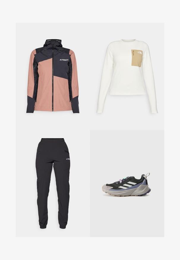 Pink og sort vandtæt jakke med høj krave, lynlås foran og geometrisk design. Har teksturerede sorte paneler og mærkets logo.; Hvid langærmet skjorte lavet af tekstureret stof med en beige lomme i patch-format, der har en snor og logo.; Sorte vandtætte bukser med elastisk talje, lynlåslommer på siderne, tapered ben og ribbede cuffs ved anklerne. Har logo detaljer.; Sort sportsko med Gore-Tex overdel, hvide striber, lilla detaljer, tykk grå mellemsål og tekstureret grå ydersål for godt greb.