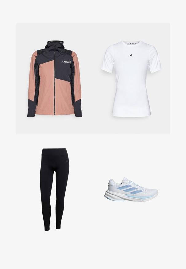 Růžová a černá nepromokavá bunda s vysokým límcem, předním zipem a geometrickým designem. Obsahuje texturované černé panely a logo značky.; Bílé sportovní tričko s krátkým rukávem, vyrobené z hladké, elastické látky. Na hrudi se nachází malé černé logo Adidas.; Černé sportovní legíny vyrobené z elastického materiálu, s vysokým pasem, přiléhavým střihem a ribovanými manžetami na kotnících. Discrete logo značky.; Bílé běžecké boty s světle modrými akcenty, prodyšný síťovinový svršek, design se třemi pruhy, polstrovaná podrážka a texturovaná trakční podešev.