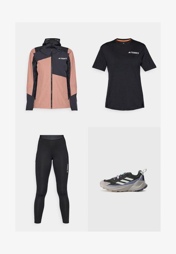 Giacca impermeabile rosa e nera con colletto alto, zip frontale e design geometrico. Presenta pannelli neri texturizzati e logo del marchio.; T-shirt nero a maniche corte con scollo rotondo, caratterizzato da una leggera texture mélange e dal logo bianco "TERREX" sul lato superiore sinistro.; Leggings sportivi neri con un design aderente, realizzati in materiale elastico. Presentano tasche laterali e il marchio bianco "TERREX".; Scarpa sportiva nera con parte superiore in Gore-Tex, strisce bianche, accenti viola, suola intermedia grigia spessa e suola esterna grigia testurizzata per una migliore aderenza.