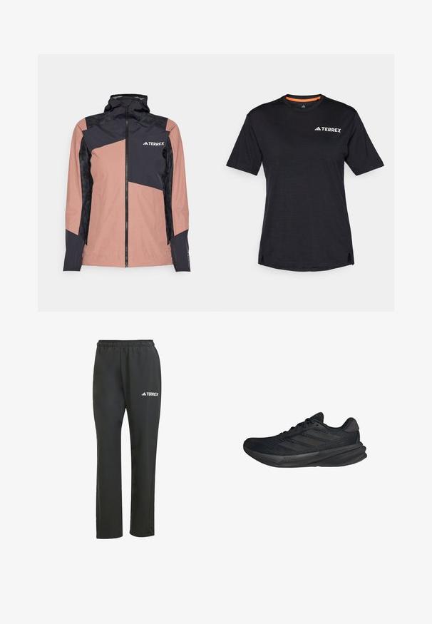 Różowo-czarna wodoodporna kurtka z wysokim kołnierzem, zamkiem z przodu i geometrycznym wzorem. Posiada teksturowane czarne panele oraz logo marki.; Czarna koszulka krótki rękaw z okrągłym dekoltem, z subtelną teksturą melanżową i białym logo "TERREX" po lewej stronie na górze.; Czarne lekkie spodnie z elastycznym paskiem w talii. Posiadają subtelne białe logo "TERREX". Gładki materiał i prosty krój nogawek.; Czarne buty sportowe z siateczkową cholewką, opływowym kształtem, płaską podeszwą i trzema ukośnymi paskami po bokach. Lekka konstrukcja dla wygody.
