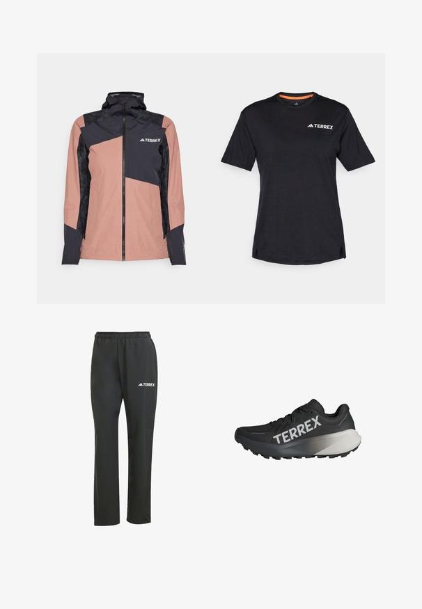 Rosa und schwarze wasserdichte Jacke mit hohem Kragen, Reißverschluss vorne und geometrischem Design. Verfügt über strukturierte schwarze Einsätze und Logo der Marke.; Schwarzes Kurzarm-T-Shirt mit Rundhalsausschnitt, das eine dezente melierte Textur aufweist und ein weißes "TERREX"-Logo auf der oberen linken Seite hat.; Schwarze, leichte Hose mit einem elastischen Bund. Besitzt ein dezentes, weißes "TERREX"-Logo. Hergestellt aus glattem Material mit geradem Bein.; Schwarzer Laufschuh mit strukturiertem Obermaterial, auffälligem weißen "TERREX"-Logo, konischer Sohlenform und einem Farbverlauf in Grau an der Ferse.
