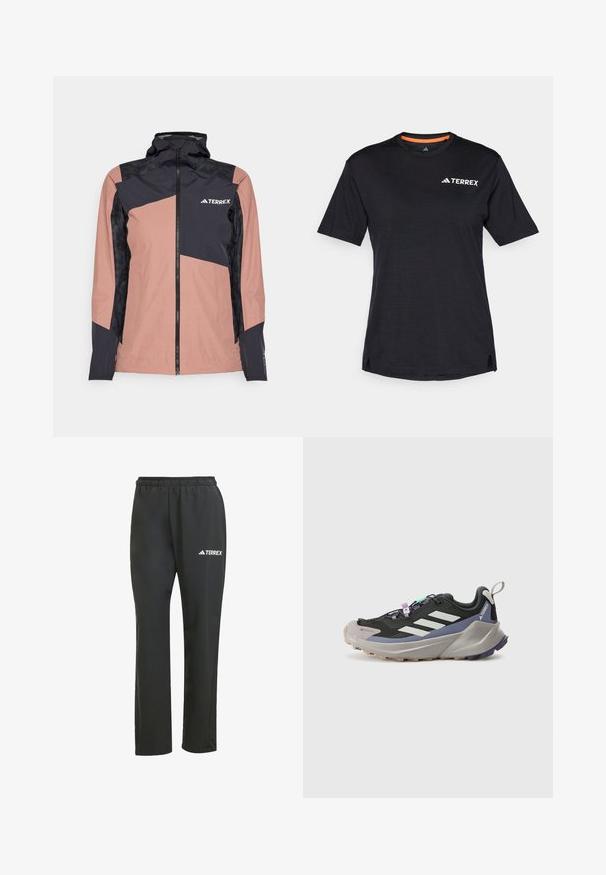 Rosa und schwarze wasserdichte Jacke mit hohem Kragen, Reißverschluss vorne und geometrischem Design. Verfügt über strukturierte schwarze Einsätze und Logo der Marke.; Schwarzes Kurzarm-T-Shirt mit Rundhalsausschnitt, das eine dezente melierte Textur aufweist und ein weißes "TERREX"-Logo auf der oberen linken Seite hat.; Schwarze, leichte Hose mit einem elastischen Bund. Besitzt ein dezentes, weißes "TERREX"-Logo. Hergestellt aus glattem Material mit geradem Bein.; Schwarzer Sportschuh mit Gore-Tex-Obermaterial, weißen Streifen, lila Akzenten, dicker grauer Zwischensohle und strukturiertem grauen Außensohle für besseren Halt.