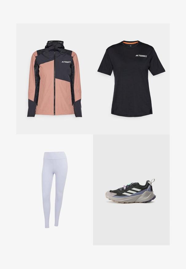 Różowo-czarna wodoodporna kurtka z wysokim kołnierzem, zamkiem z przodu i geometrycznym wzorem. Posiada teksturowane czarne panele oraz logo marki.; Czarna koszulka krótki rękaw z okrągłym dekoltem, z subtelną teksturą melanżową i białym logo "TERREX" po lewej stronie na górze.; Jasnofioletowe legginsy wykonane z rozciągliwego materiału. Wysoki stan z gładką teksturą i bez widocznych szwów czy wzorów.; Czarne buty sportowe z cholewką Gore-Tex, białymi paskami, fioletowymi akcentami, grubą szaro-skalą podeszwą środkową oraz teksturowaną szaro-skalą podeszwą zewnętrzną dla lepszej przyczepności.