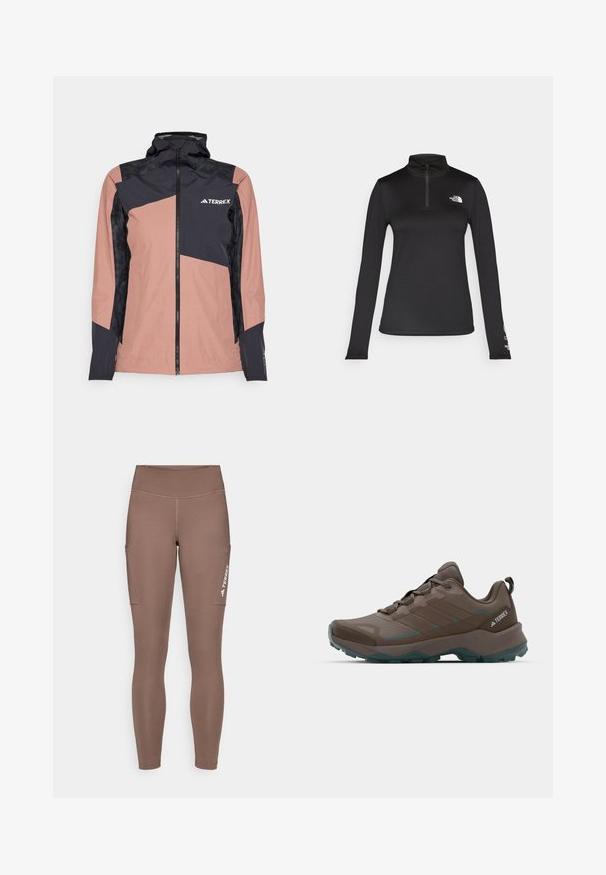 Rózsaszín és fekete vízálló dzseki magas gallérral, cipzáros elülső résszel és geometrikus mintával. Texturált fekete panelek és márka logó található rajta.; The North Face FLEX 1/4 ZIP GRAPHIC - Hosszú ujjú felső - black; Barna sport leggings magas derékkal, oldalsó zsebekkel és fehér logóval. Sima, rugalmas anyag a kényelem és a mozgás szabadsága érdekében.; Szürke és téglakék túra cipők, hálós panelekkel, texturált felsőrésszel és strapabíró gumitalppal. Jellemzője a párnázott nyelv és a fűzős kialakítás.