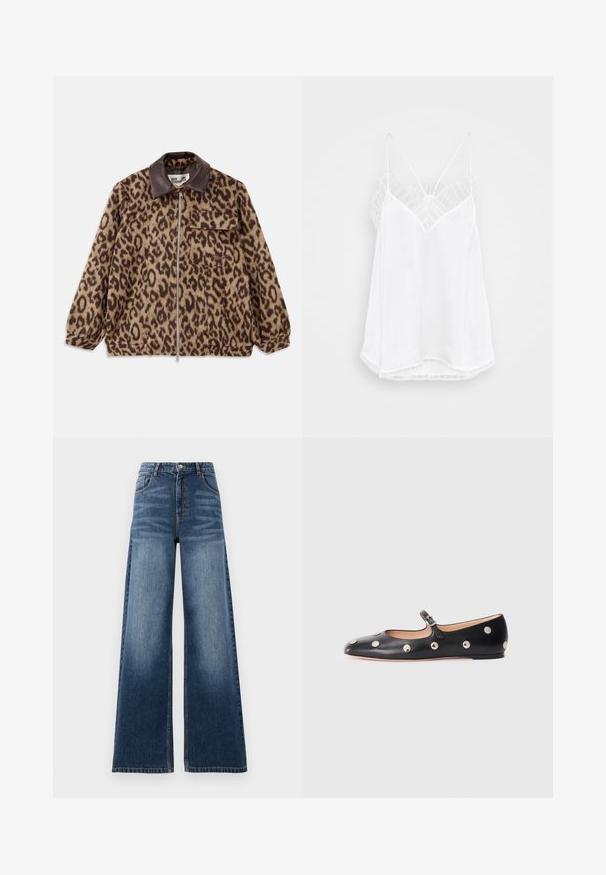 Leopard print jacket with a brown leather collar, front zipper closure, elastic cuffs, and a chest pocket. Textured fabric with a soft appearance.; White camisole with a v-neck design, thin straps, textured lace accents at the shoulders, and a curved hemline. Smooth fabric texture.; Wide-leg denim jeans in medium blue, featuring a high waist, fading detail, and classic five-pocket design with stitched accents.; Black leather Mary Jane flat shoe with a rounded toe, featuring silver circular studs and an adjustable strap with a buckle.