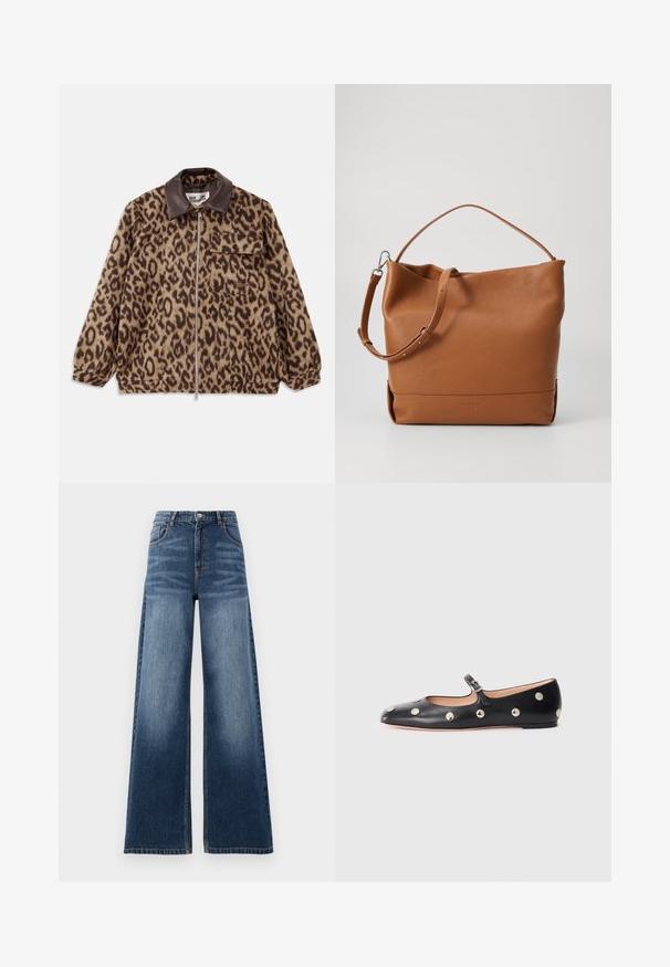 Leopardų rašto jakas su rudos odos apykakle, priekinis užtrauktukas, elastingos rankovės ir krūtinės kišenė. Tekstūruotas audinys su minkšta išvaizda.; Balta camizola su V formos iškirpte, plonais petnešomis, tekstūruota nėrinių apdaila ant pečių ir lenkta apatinė dalis. Lygi audinio tekstūra.; Plačios kojų džinsai vidutiniškai mėlynos spalvos, pasižymintys aukštu liemeniu, išblukimo detalėmis ir klasikiniu penkių kišenių dizainu su siuvinėtomis akcentais.; Juodų odinių Mary Jane plokščių batų su apvaliu pirštu, papuoštų sidabriniais apvaliais nagais ir reguliuojamu dirželiu su sagtimi.; Šviesiai ruda odinė petinė rankinė su minkštu paviršiumi, turinti vieną reguliuojamą diržą ir laisvą dizainą. Paprastas ženklinimas priekyje.