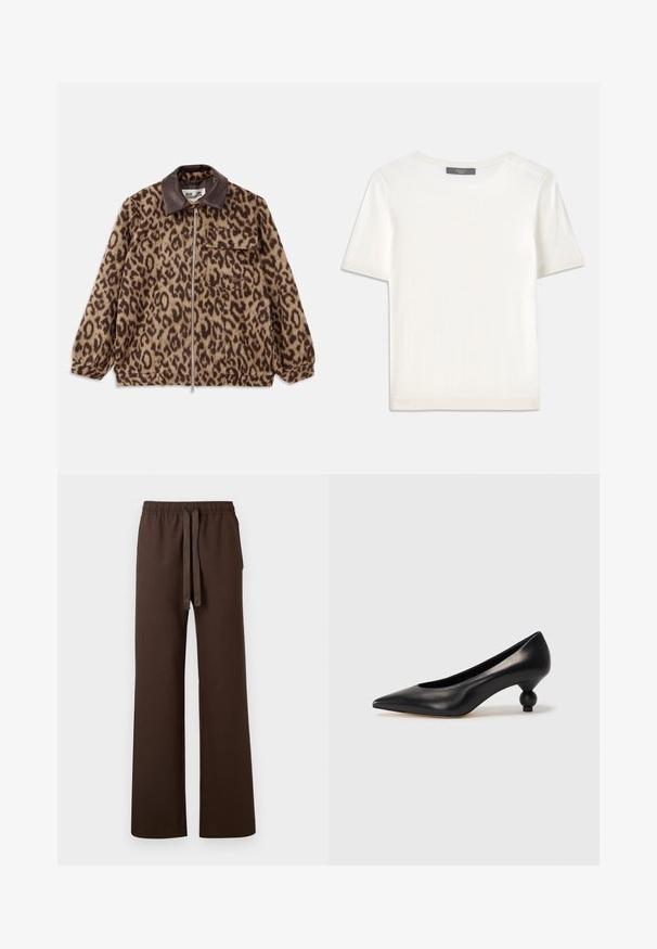 Leopard print jacket with a brown leather collar, front zipper closure, elastic cuffs, and a chest pocket. Textured fabric with a soft appearance.; White short-sleeve knit top with a round neckline, featuring a smooth texture and subtle ribbed accents at sleeves and hem.; Brown wide-leg trousers with an elastic waistband and adjustable drawstring. Features side pockets and a smooth texture.; Black leather high heel shoe with a pointed toe and a round, balled heel. Smooth texture with a sleek, minimal design.