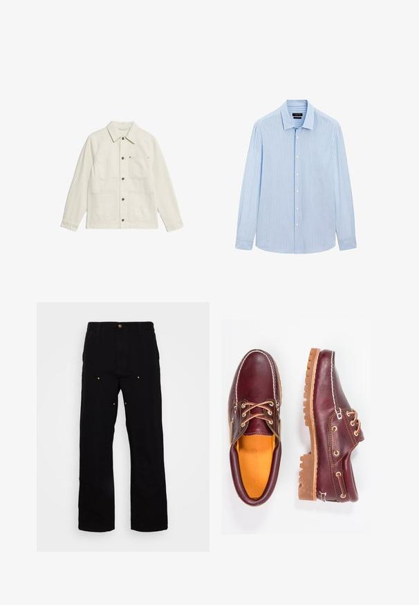 Giacca utility bianca realizzata in tessuto testurizzato. Presenta un collo con revers, chiusura con bottoni e quattro tasche frontali con accessori in contrasto.; Camicia azzurra chiara con righe bianche verticali, maniche lunghe, colletto e orlo dritto. Tessuto in misto cotone.; Pantaloni in denim nero con design a gamba dritta, dotati di accenti hardware dorati e cuciture visibili sulle tasche anteriori e posteriori.; Scarpe in pelle bordeaux con suole in gomma marrone, punta rotonda, cuciture bianche e occhielli dorati. L'interno presenta un rivestimento giallo.