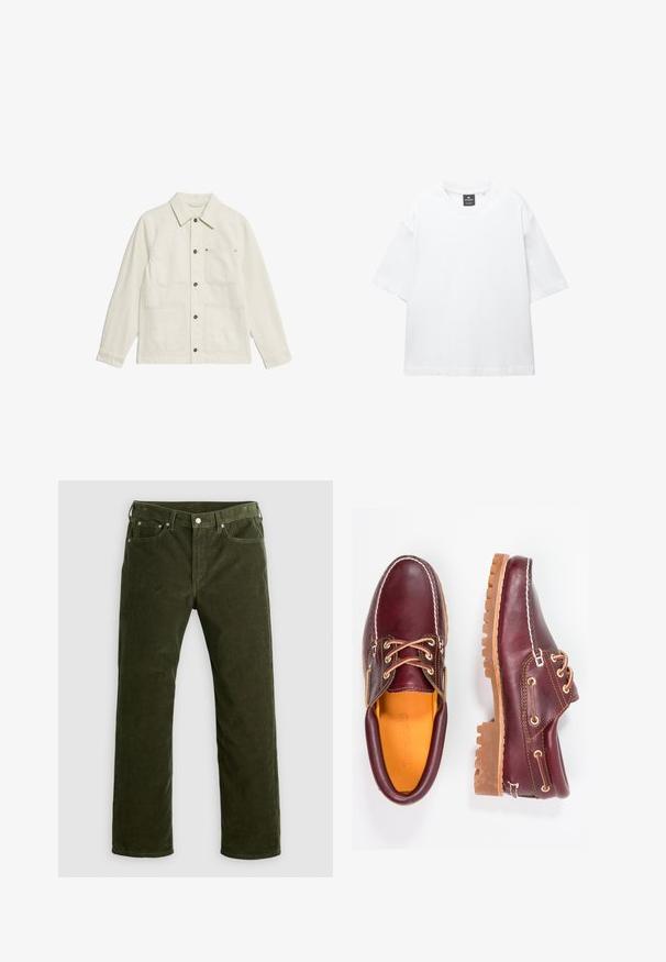 Witte utility jack gemaakt van textuurstof. Beschikt over een kraag, knoopsluiting en vier voorzakken met contrasterend beslag.; Witte t-shirt met korte mouwen van katoen, met een ronde hals en een relaxte fit met rechte zoom. Geen patronen of versieringen.; Olijfgroene corduroy rechte pijpen broek met voorknop, ritssluiting, riemlussen en vijf-vakken ontwerp op een witte achtergrond.; Bordeaux leren schoenen met bruine rubberen zolen, ronde neus, witte stiksels en gouden veterogen. Het interieur heeft een gele voering.